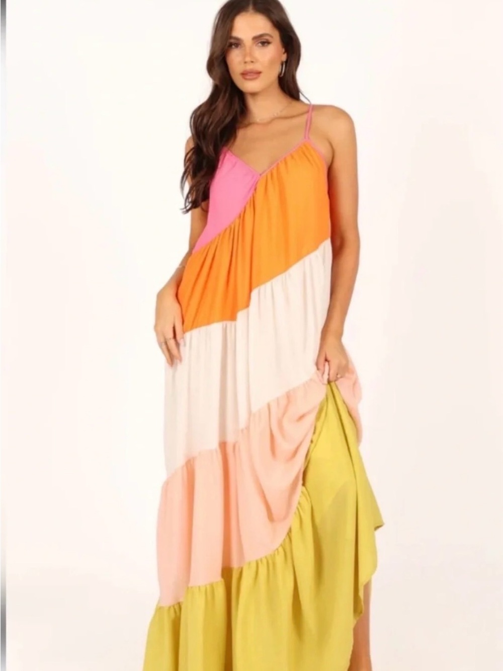 Petal & Pup Pink Orange Cream Peach Lime Colorblock Maxi Dress NEW